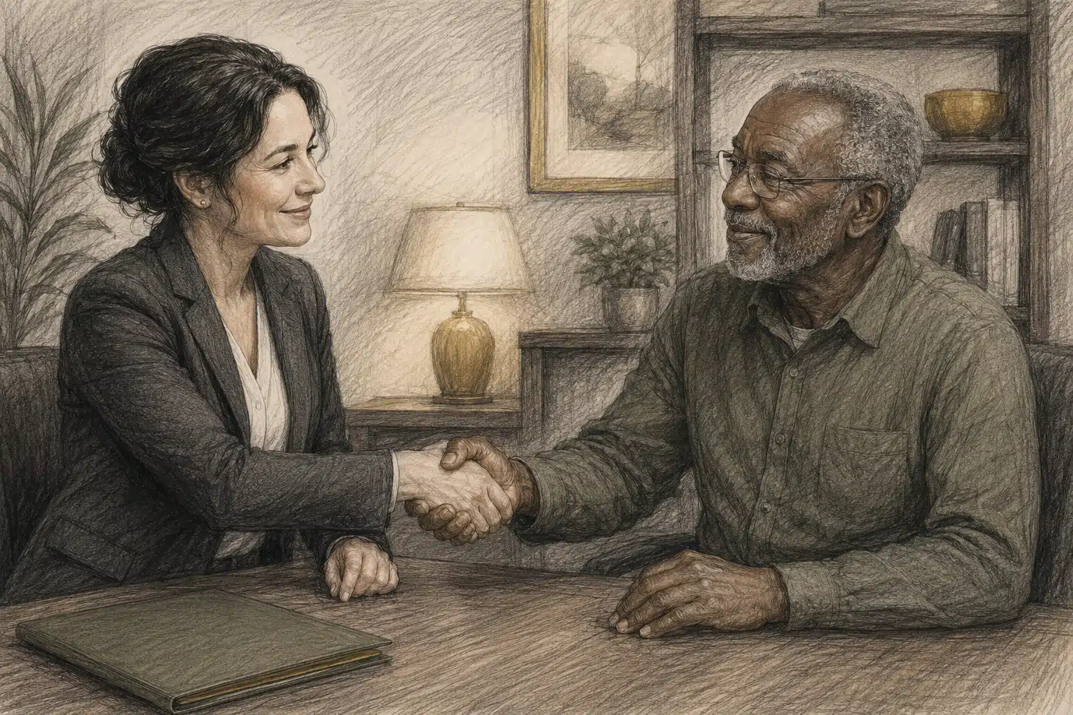 Charcoal illustration of a quiet handshake, representing Windham Law's VA disability appeal case results