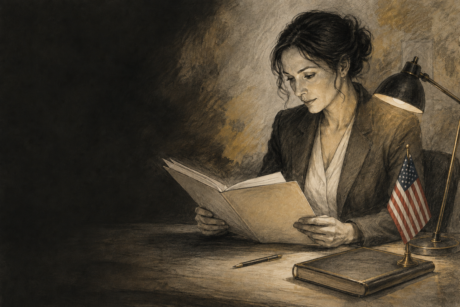 Charcoal illustration of an attorney's desk with a miniature American flag, reviewing a veteran's disability claim