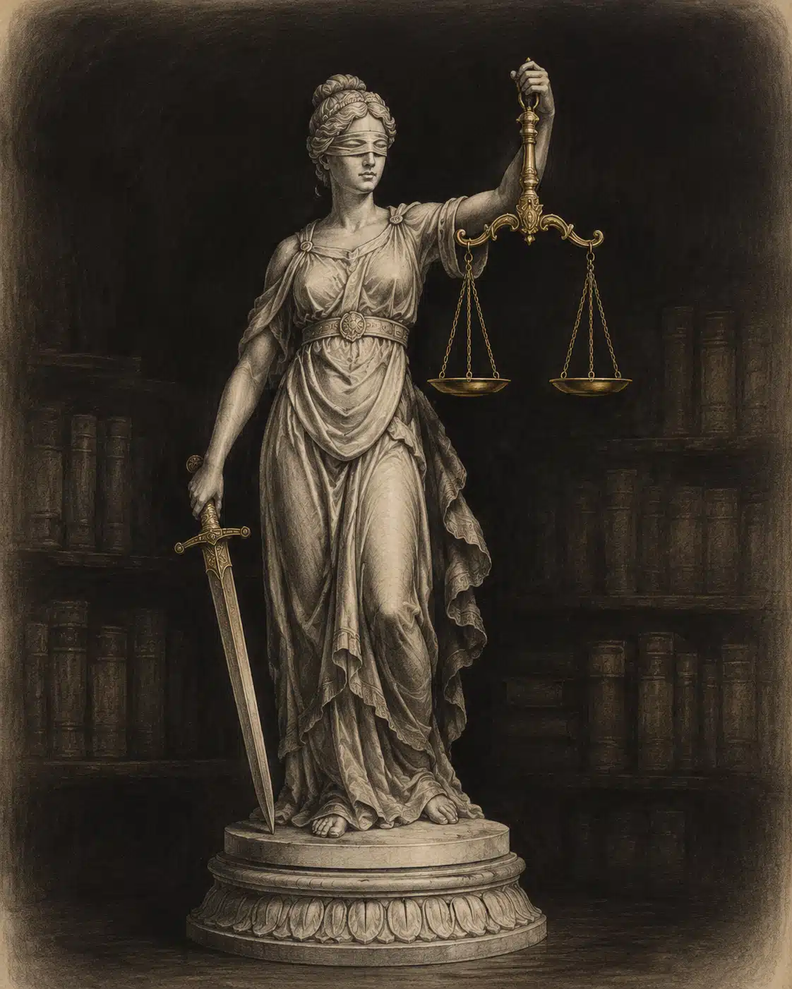 Lady Justice illustration representing Windham Law, veterans disability attorney, Wilson NC — blindfolded with scales and sword, law books in the background