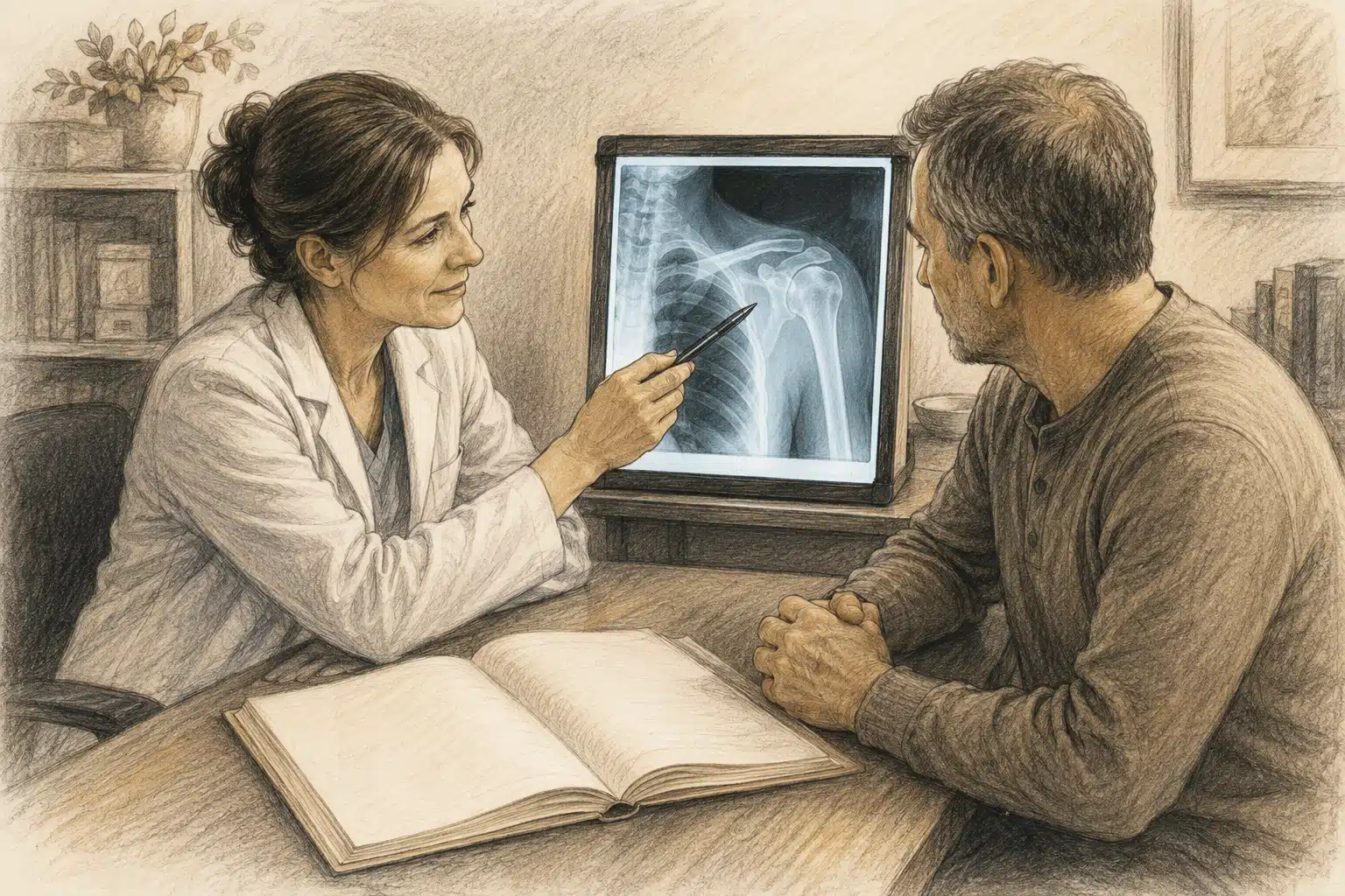 Charcoal illustration of a clinician and veteran reviewing an X-ray together, representing the work of a VA disability rating increase attorney building medical evidence