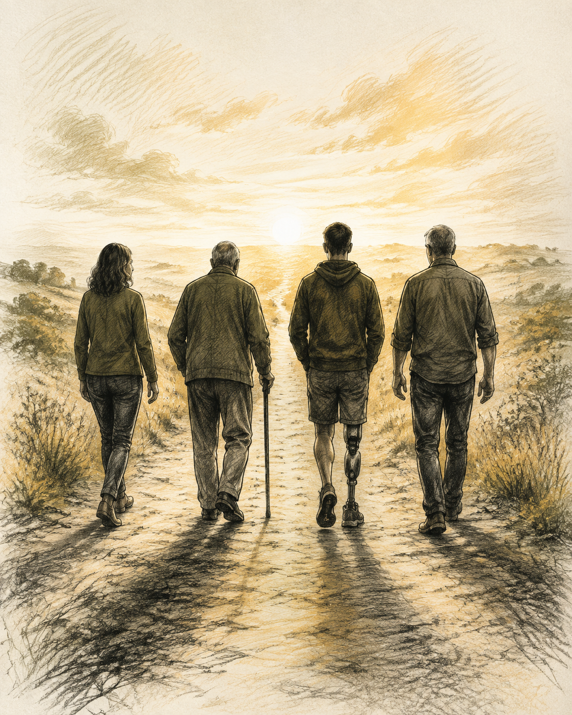 Charcoal illustration of four veterans walking together along a path