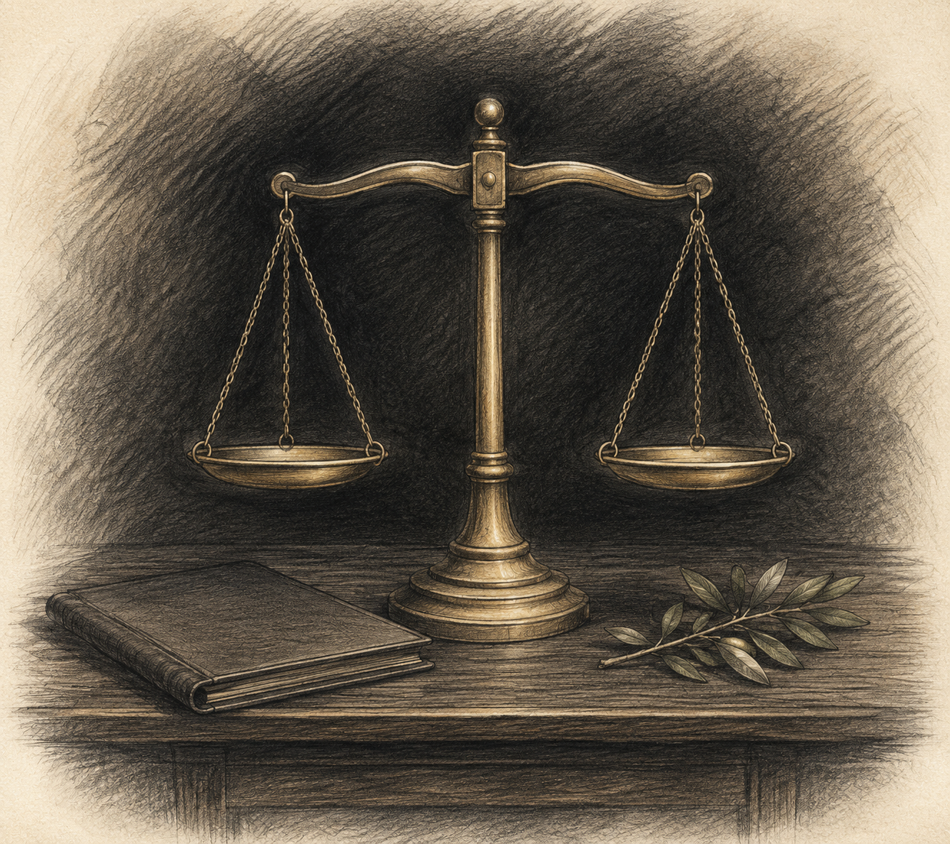 Graphite illustration of a balance scale with an olive branch, representing Windham Law's veterans disability practice