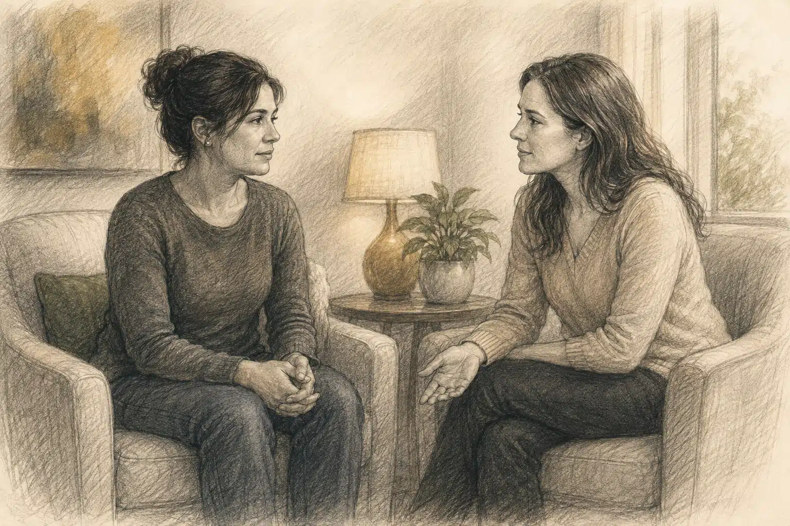 Charcoal illustration of a supportive conversation representing how a PTSD and MST VA claims attorney meets with a veteran