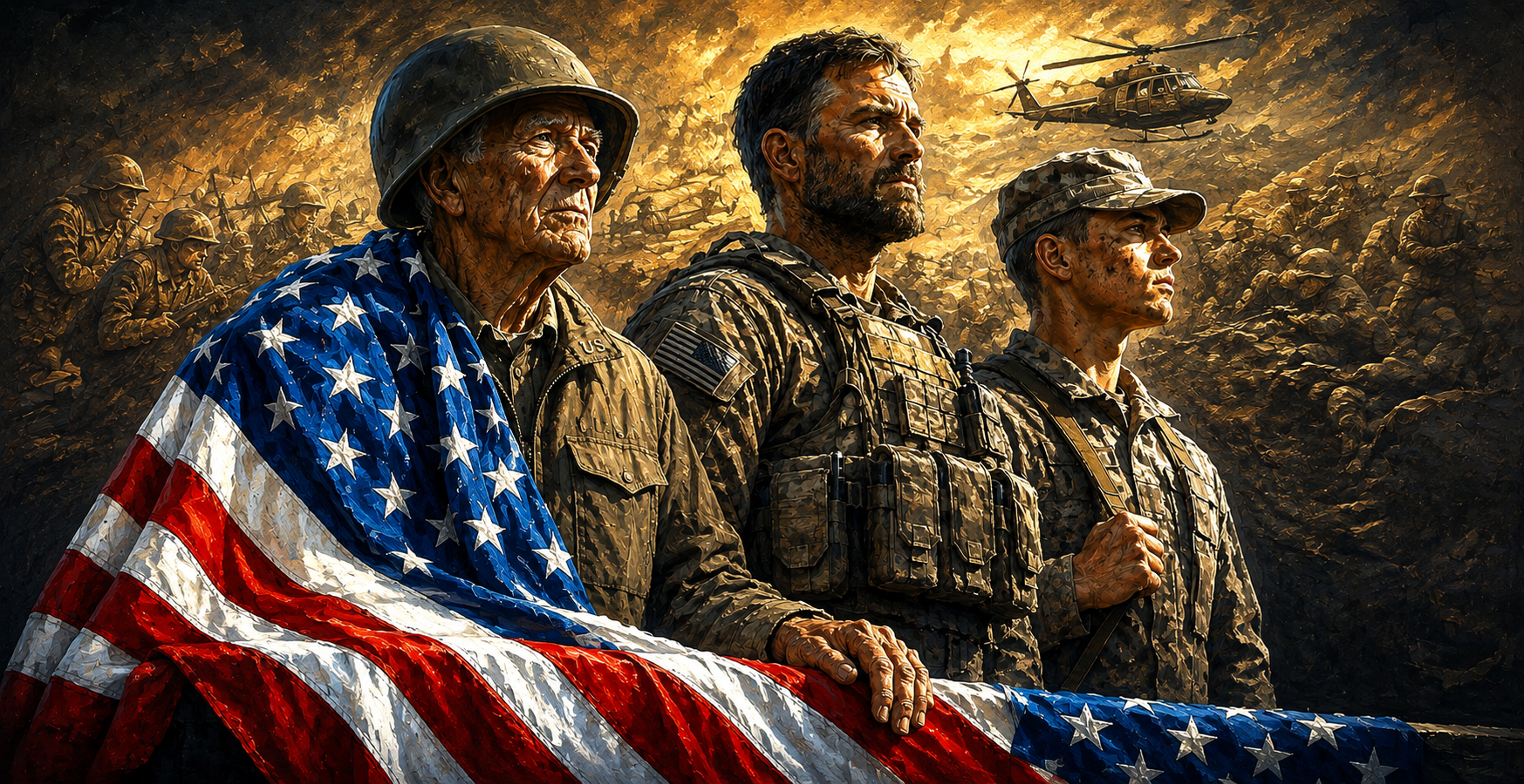 Charcoal illustration of veterans across generations